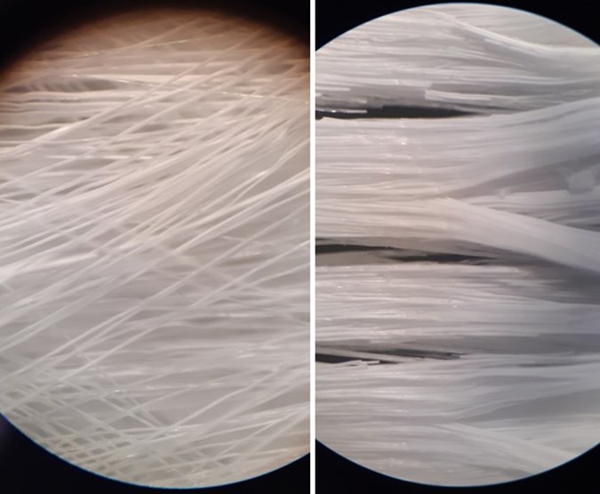 white material fibres made from milk shown under a microscope