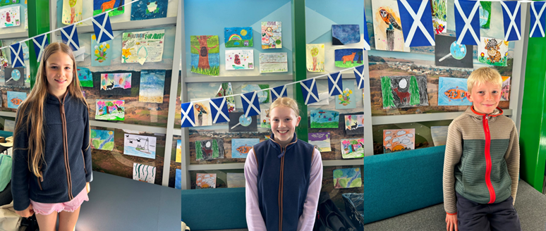 A few winners who visited their poster at the Royal Highland Show. L-R Harla from St Cyrus Primary School, Zara from Stranraer Academy and Ellis from Methlick Primary School