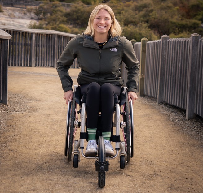 A woman in a wheelchair
